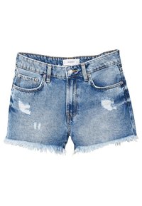 Shorts de mezclilla azul claro con dobladillo deshilachado, detalles desgastados y dos bolsillos frontales. Cuentan con un cierre de botón y cremallera.