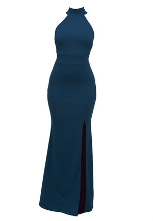 Abito lungo e aderente in un profondo tono di teal, caratterizzato da un collo alto, uno spacco laterale e una texture liscia. Design semplice senza motivi o accessori.
