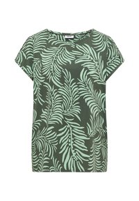 Blouse verte à manches courtes avec motif de feuilles tropicales vert clair et col rond, étiquetée avec le nom de la marque "Cecil" à l'intérieur du col.