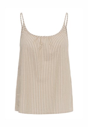 Beeživärviline varrukateta top õhukeste valgete vertikaalsete triipude ja kitsaste õlapaeltega, millel on kaelas kerge kogutud detail.