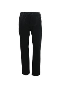 Pantaloni neri con vita regolabile con coulisse, design a gamba dritta, texture morbida e logo accentato sulla vita.