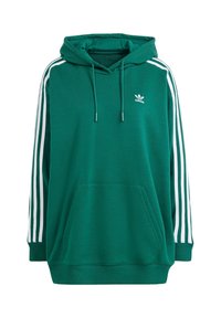 Grön huvtröja i mjukt tyg, med vita ränder på ärmarna, en framficka för känguru och en liten logotyp på bröstet.