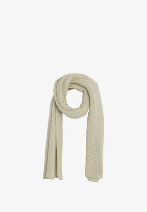 Écharpe beige clair tricotée avec une texture douce, présentant une forme longue et rectangulaire et un motif de tissage subtil.