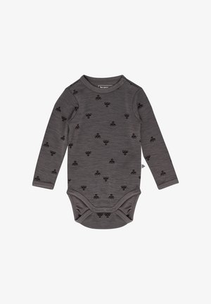 Body z długim rękawem w ciemnoszarym kolorze z czarnym wzorem kwiatowym. Posiada napy na ramionach i na dole, co ułatwia zakładanie. Miękka faktura materiału.