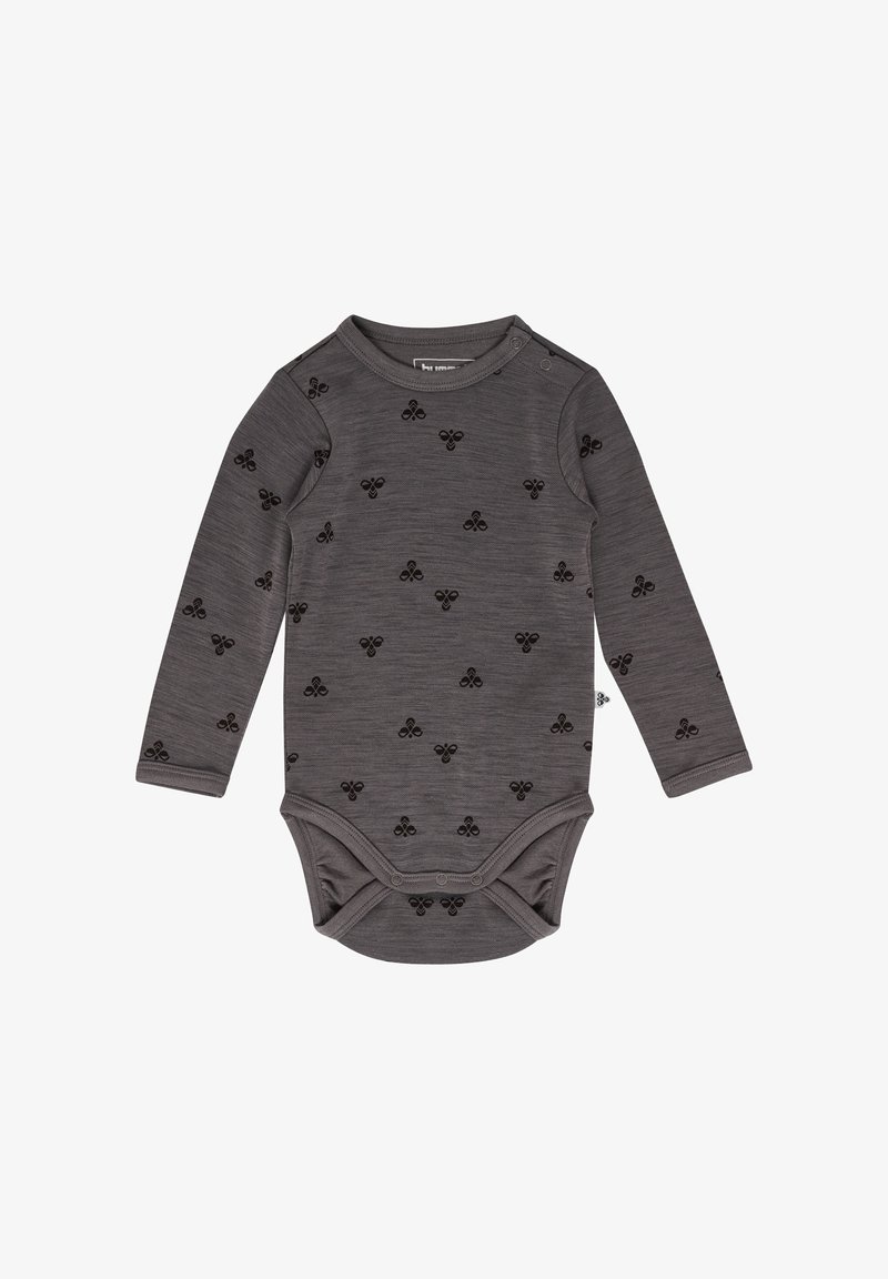 Body z długim rękawem w ciemnoszarym kolorze z czarnym wzorem kwiatowym. Posiada napy na ramionach i na dole, co ułatwia zakładanie. Miękka faktura materiału.