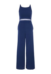 Mörkblå jumpsuit med en åtsittande topp, spagettiband och genomskinlig midja. Vida ben sträcker sig ner till golvet med sidofickor.