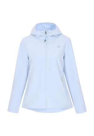 Svetlo modrá nepremokavá bunda s kapucňou, predným zipsom, dvoma postrannými vreckami a vyšitým logom dáždnika na hrudi. Hladká textura.