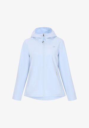 Svetlo modrá nepremokavá bunda s kapucňou, predným zipsom, dvoma postrannými vreckami a vyšitým logom dáždnika na hrudi. Hladká textura.