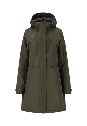 Olivengrøn vandtæt jakke med hætte, lynlås lukning og to sidelommer. Har en glat, mat overflade og justerbare snore.