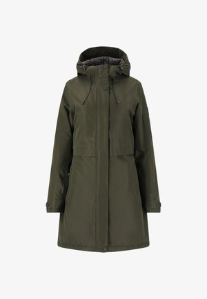 Olivengrøn vandtæt jakke med hætte, lynlås lukning og to sidelommer. Har en glat, mat overflade og justerbare snore.