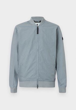Light grey bomber jacket, zip closure, ribbed collar and cuffs, side pockets, minimal design with a small accent logo on the sleeve.