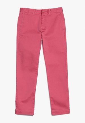 Pantalon en coton rose à coupe droite, poches avant et fermeture par bouton. Texture lisse, bas sans ornements.