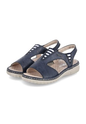 Marineblaue Leder-Sandalen mit offener Zehenpartie und Ausschnitten. Mit gestreiften elastischen Akzenten, strukturierter Innensohle und weißer Gummisohle.