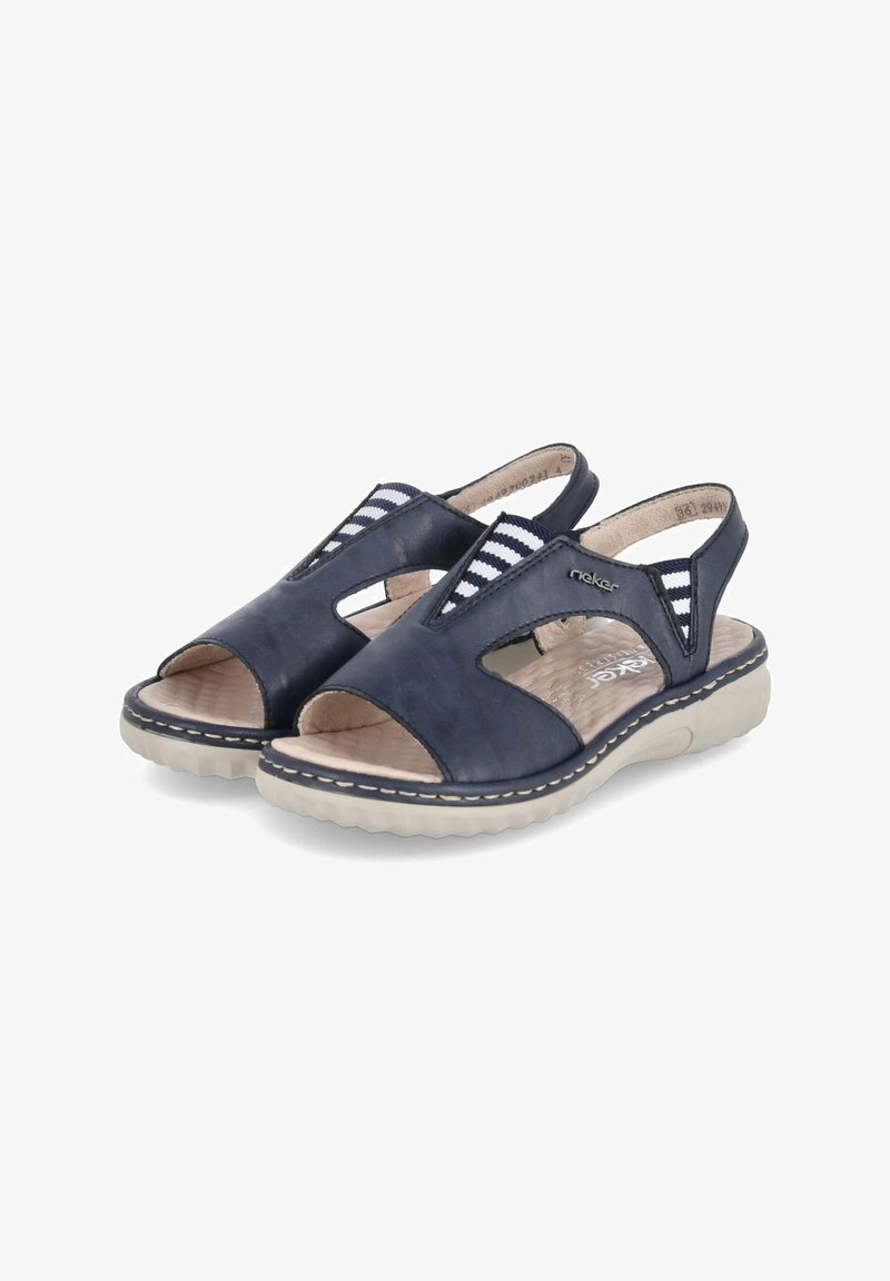 Navy blue leather sandals with open toe and cutouts. Features striped elastic accents, textured insole, and white rubber outsole.