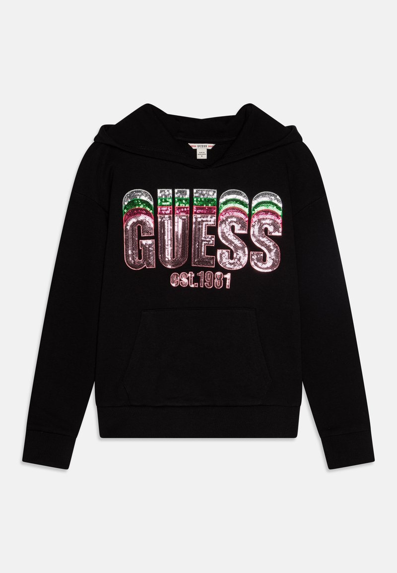 Felpa nera con cappuccio caratterizzata da un ampio logo "GUESS" in paillettes con accenti multicolori e la scritta "est.1981" sottostante. Include una tasca frontale e cappuccio.