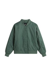 Groene bomberjack met een ritssluiting op de linkermouw, ribgebreide kraag en manchetten, met een gladde, matte textuur.