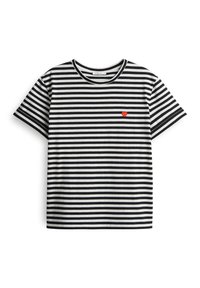 Black and white striped t-shirt with a round neck and short sleeves, featuring a small red heart detail on the left chest area.