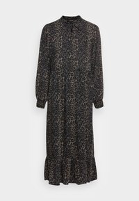 Abito a maniche lunghe con stampa leopardata, orlo arricciato e dettagli con bottoni. Realizzato in tessuto leggero nei toni del marrone scuro e del nero.