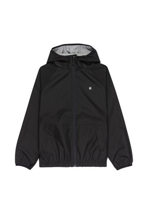 Zwarte lichtgewicht jas met capuchon, ritssluiting aan de voorkant, elastische manchetten, twee steekzakken aan de voorkant en een klein logo op de borst.