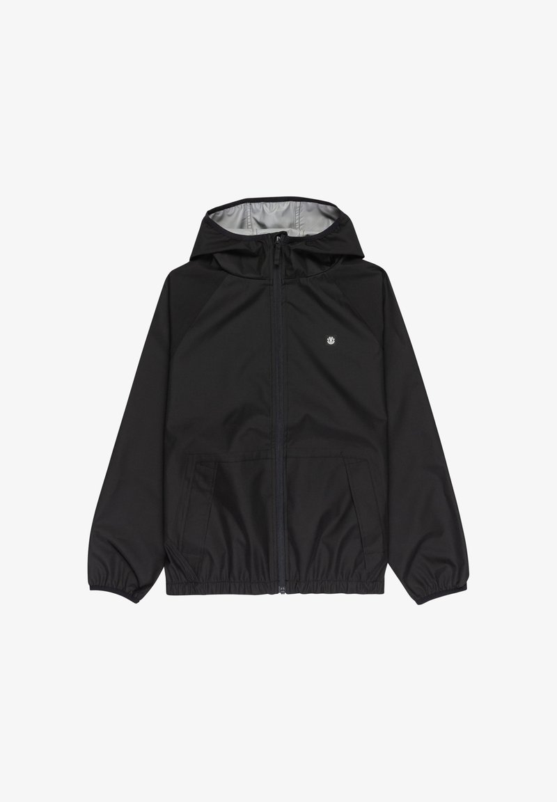 Schwarze, leichte Kapuzenjacke mit durchgehendem Reißverschluss, elastischen Bündchen, zwei Vordertaschen und kleinem Logo auf der Brust.