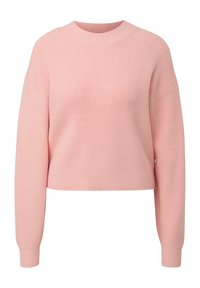 Pull en tricot côtelé rose avec un col haut, des épaules tombantes et des manches longues. Présente une longueur cropped et un tissu texturé.