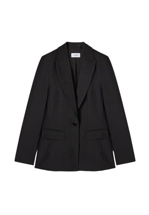 Schwarze Ein-Knopf-Blazer mit Reverskragen und zwei vorderen Klapptaschen, taillierte Passform und langen Ärmeln.