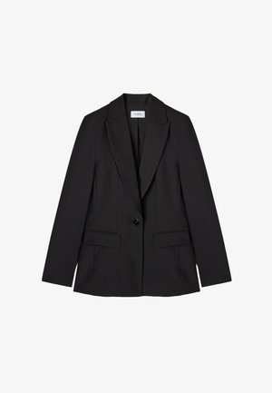 Schwarze Ein-Knopf-Blazer mit Reverskragen und zwei vorderen Klapptaschen, taillierte Passform und langen Ärmeln.