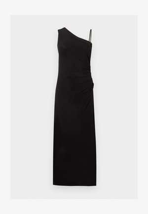 Black sleeveless long dress with one shoulder strap and ruching detail on the right side.