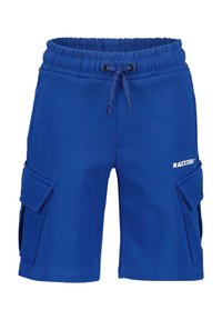 Blue sports shorts with an elastic waistband, drawstring, and two side cargo pockets. Soft fabric with a smooth texture and printed logo.