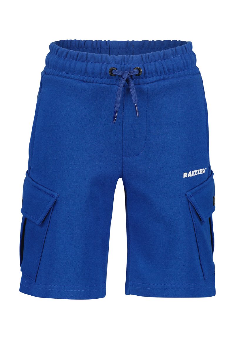 Blue sports shorts with an elastic waistband, drawstring, and two side cargo pockets. Soft fabric with a smooth texture and printed logo.
