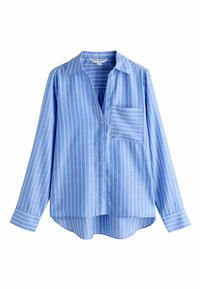 Light blue button-up shirt with white vertical stripes, a chest pocket, and long sleeves. The hem is curved, creating a loose fit.