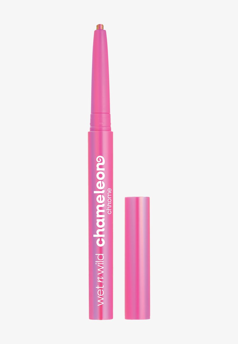 Stylo en plastique rose vif de Chameleon Chrome, avec une finition métallique et une pointe dorée. Comprend un capuchon amovible.