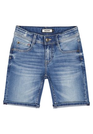 Jasnoniebieskie szorty dżinsowe o regularnym kroju, z pięcioma kieszeniami i klasycznym zapięciem na guzik. Posiadają wyblakłe wzory i przeszycia ozdobne.