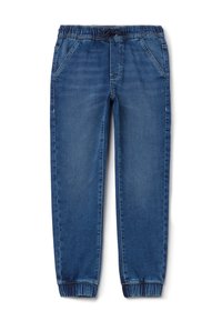 Pantalones jogger de mezclilla en un lavado azul oscuro. Cuenta con una cinturilla elástica con cordón, bolsillos laterales y puños elásticos en los tobillos.