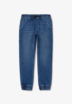 Denim-Jogginghosen in einer dunkelblauen Waschung. Mit elastischem Bund und Kordelzug, seitlichen Tasche und elastischen Bündchen an den Knöcheln.