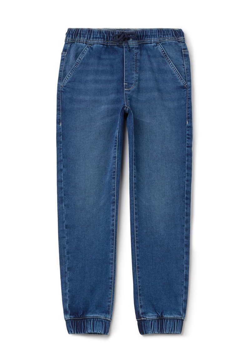 Pantalones jogger de mezclilla en un lavado azul oscuro. Cuenta con una cinturilla elástica con cordón, bolsillos laterales y puños elásticos en los tobillos.