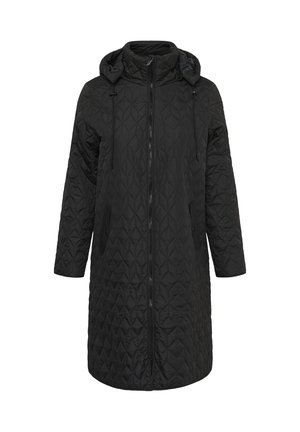 Palton lung negru matlasat cu glugă, prevăzut cu fermoar complet în față și două buzunare laterale, realizat dintr-un material neted și ușor.