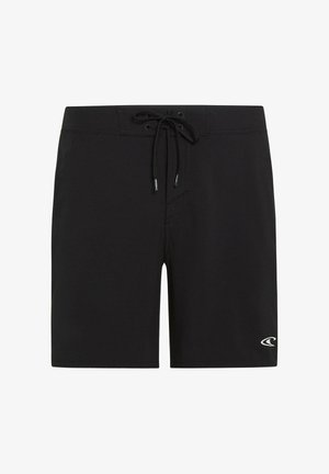 Čierne plavecké šortky z elastickej tkaniny sťahované šnúrkou v páse a bočným vreckom s malým logom. Klasický dizajn po kolená.