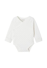White long-sleeve baby bodysuit with a wrap design, featuring small grey dots, snap closures at the bottom, and cuffed sleeves.