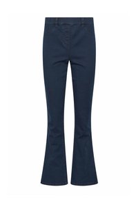 Dunkelblaue Jeans mit ausgestelltem Bein, elastischem Bund, Seitentaschen und kontrastierenden Nähte, ausgestattet mit einer glatten Textur.