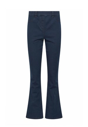 Donkerblauwe spijkerbroek met een uitlopende pijp, elastische tailleband, zijzakken en contrasterende stiksels, met een gladde textuur.