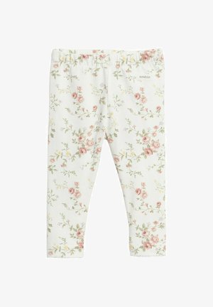 Witte babyleggings met roze en groene bloemenprint en elastische tailleband, aan de voorkant rechts gelabeld met "newbie".