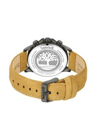 Timberland pulkstenis ar melnu nerūsējošā tērauda korpusu, dzeltenu zīda siksnu, nerūsējošā tērauda aizmuguri ar logotipu un sprādzi.
