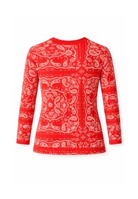 Κόκκινο πουκάμισο με μακριά μανίκια και σχέδια σε λευκό χρώμα σε στυλ παϊλέι και μπαντάνας, εμφανιζόμενο από πίσω, με στρογγυλή λαιμόκοψη.