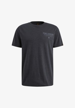 Mørkegrå bomuld T-shirt med rund hals, korte ærmer og et trykt logo øverst på venstre side. Blød tekstur og almindelig pasform.
