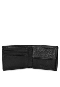 Portafoglio in pelle nera con finitura testurizzata, dotato di più scomparti per carte e uno scomparto per banconote o monete. Design compatto e pieghevole.