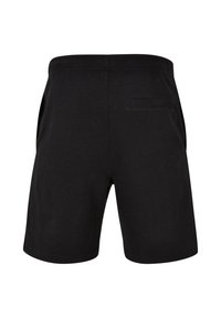 Black elastic waist shorts with a single back pocket and side pockets, shown from the rear on a plain white background.