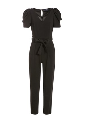 Black jumpsuit with puffed short sleeves, V-neck cutout, tapered legs, and a fabric belt tied at the waist.