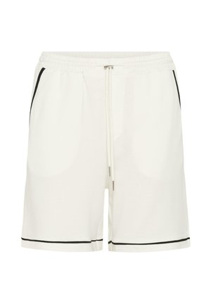 Fehér gumis derékú rövidnadrág fekete szegéllyel az oldalzsebeknél és az alján, elöl fémvéges húzózsinórral.