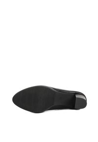 Chaussure en cuir noir avec une tige lisse, un bout arrondi et un petit talon carré. La semelle en caoutchouc texturée comporte des rainures pour une meilleure adhérence.